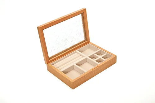 Vista 2 de pandapark Joyero de madera con tapa de vidrio, vitrina de almacenamiento con múltiples compartimentos, marrón nogal (cereza crema)