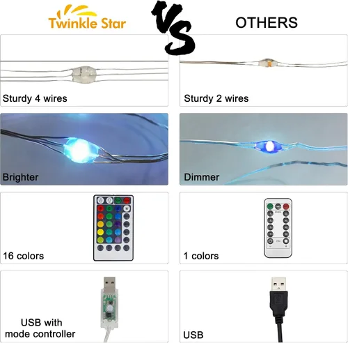 Vista 4 de Twinkle Star - Tira de luces de hadas con cambio de color de 33 pies, 100 luces LED impermeables y con cable plateado, 16 colores, luces USB