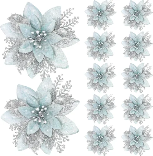 Vista 14 de Canlierr 12 piezas flores de Pascua de Navidad de 5.7 pulgadas con purpurina, flores artificiales con clips, adorno de árbol de Navidad para corona
