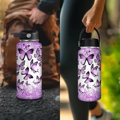 Vista 6 de Hyturtle Botella de agua personalizada de mariposa, botella de acero inoxidable aislada con nombre personalizado con tapa a prueba de fugas, 18