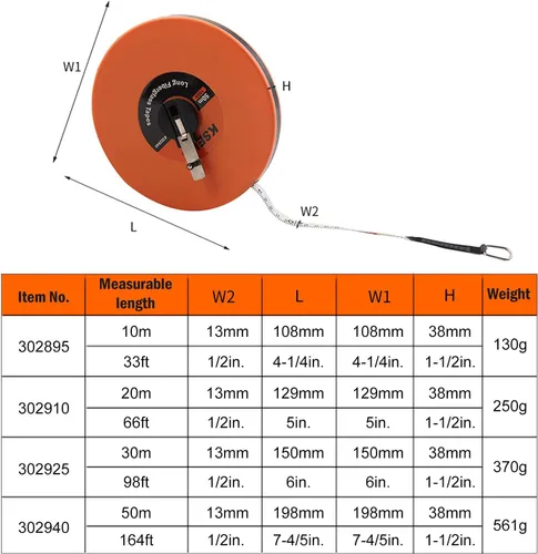 Vista 6 de KSEIBI 302910 cinta métrica de fibra de vidrio larga con impresión doble cara en pulgadas/métrica para trabajo de construcción (66 pies / 20 m)