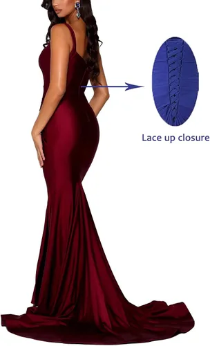 Vista 3 de Vestidos largos de dama de honor de sirena, tirantes delgados, cuello en V, vestido de satén para baile de graduación, vestidos de noche con abertura