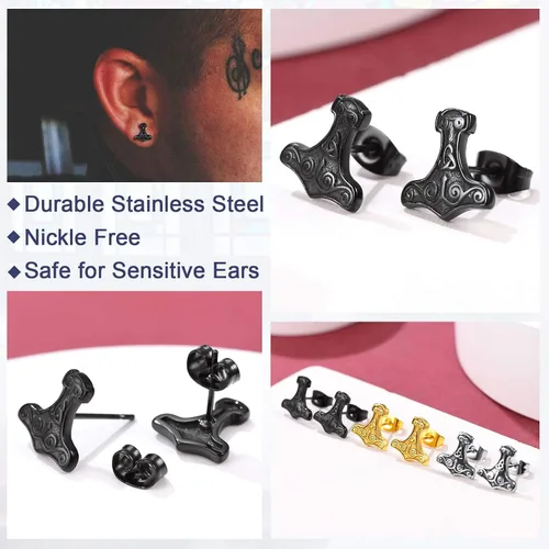 Vista 3 de FaithHeart Norse Vikingo Jewelry - Aretes de tuerca de plata de ley de acero inoxidable, lobo celtamartillo de Thors para mujeres y hombres, Acero