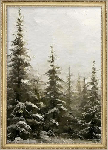 Vista 229 de MUDECOR Lienzo enmarcado prémium para pared, pinos nevados en bosque de invierno, ilustraciones modernas, arte contemporáneo, escénico, divertido