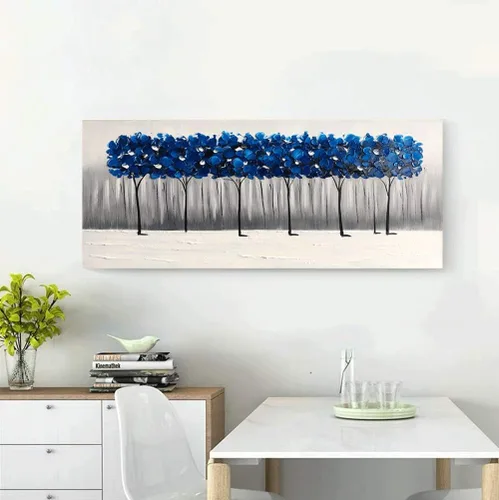 Vista 5 de Yihui Arts - Pintura al óleo de árbol azul pintado a mano en lienzo, paisaje moderno abstracto, obra de arte para pared, decoración para sala