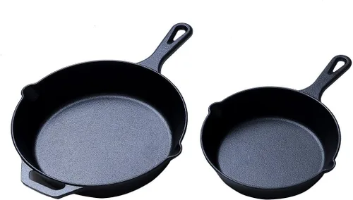 Vista 2 de Hierro fundido, sartén pre-sazonada con mango de silicona (8 pulgadas + 10 pulgadas)