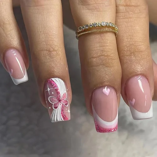 Vista 36 de 24 uñas postizas cortas a presión, color rosa RTKHFZE con diseño de mariposa blanca y diamantes de imitación, uñas postizas cuadradas de cobertura
