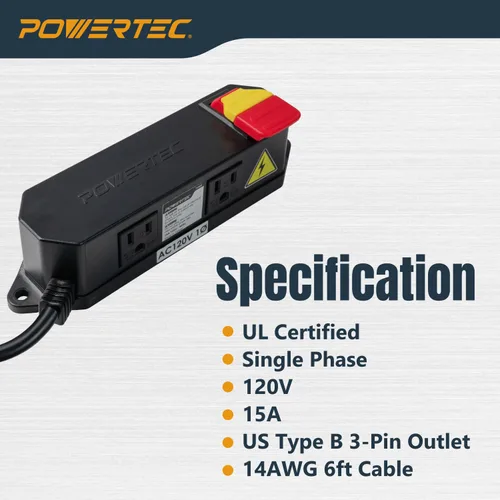 Vista 3 de Powertec Interruptor de seguridad para herramientas eléctricas de doble salida - Interruptor de paleta de 120V 15A con cerradura de llave
