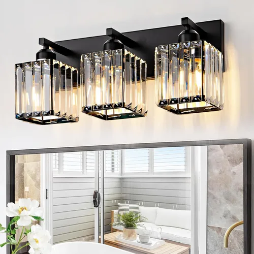 Vista 15 de Moderna lámpara de tocador de baño de 3 luces de cristal cromado moderno sobre espejo cromado iluminación de tocador de cristal aplique de pared