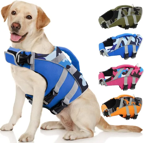 Vista 24 de Kuoser Chaleco salvavidas reflectante para perro, chaleco salvavidas para nadar y navegar Chalecos salvavidas ajustables para mascotas, traje
