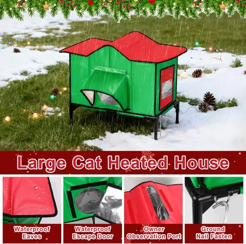 Vista 3 de Casa climatizada para gatos al aire libre resistente a la intemperie con almohadilla térmica extraíble para invierno, refugio aislado exterior