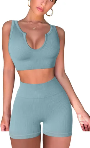 Vista 4 de QINSEN Conjuntos de entrenamiento sin costuras para mujer, brasier deportivo acanalado de cintura alta, pantalones cortos para correr, gimnasio