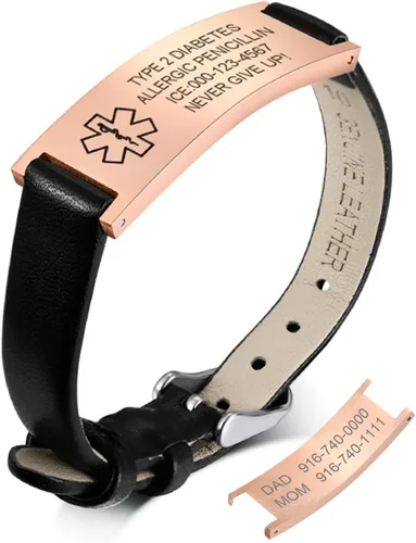 Vista 38 de MPRAINBOW Pulsera de alerta médica personalizada para mujer, correa de reloj de cuero genuino, grabado de doble cara, diabetes, epilepsia, joyería