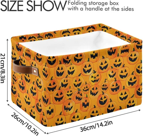 Vista 3 de Cesta de almacenamiento sin costuras de Halloween, bolsa organizadora plegable de tela de calabaza amarilla con asas, 15 x 11 x 9.5 pulgadas