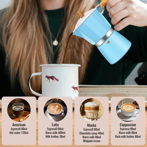 Vista 7 de Cafetera clásica de aluminio para 3 tazas, cafetera espresso de 5.1 fl oz, 5 onzas, cafetera de moca, olla greca, cafetera para café italiano y Azul