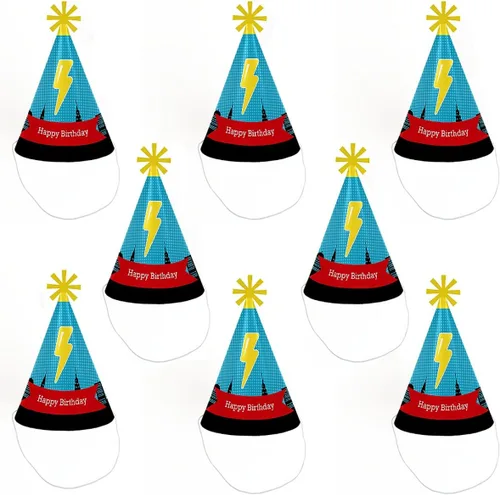 Vista 5 de Big Dot of Happiness Bam Superhero - Sombreros de fiesta de cumpleaños para niños y adultos - Juego de 8 (tamaño estándar)