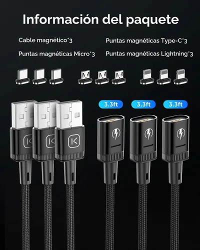 Vista 7 de Kuulaa Paquete de 3 cables de carga magnéticos, cable Lightning magnético, cargador de teléfono magnético de 3 A, carga rápida con puntas de carga 3