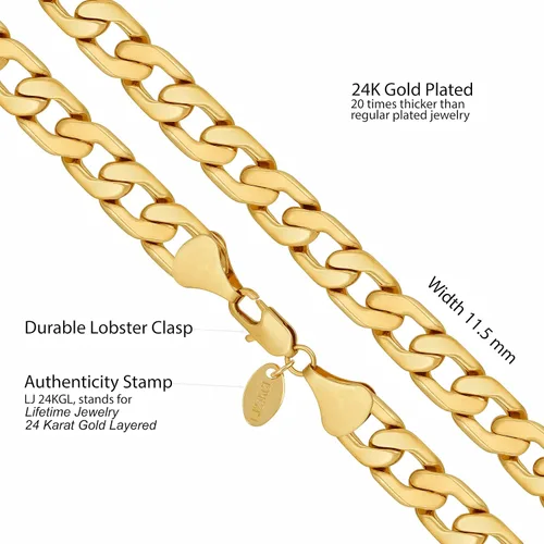 Vista 3 de LIFETIME JEWELRY Collar de cadena de eslabones cubanos planos de 0.453 in para hombre, chapado en oro real de 24 quilates