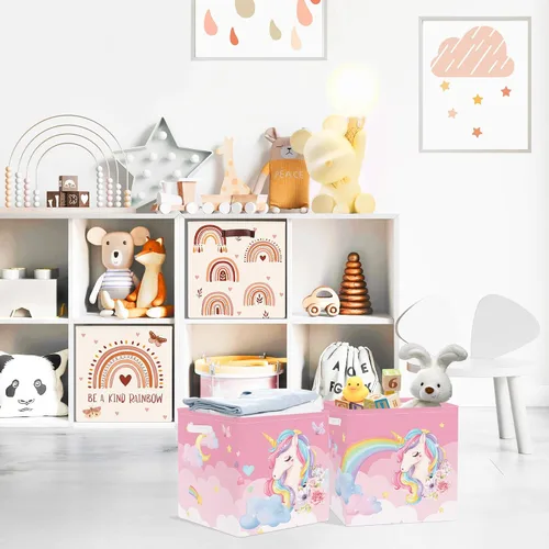 Vista 3 de Clastyle Juego de cestas de almacenamiento plegables de unicornio rosa para niños, organizador de ropa, cuarto de bebé, juguetes para niñas, estante