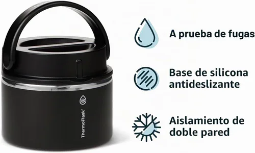 Vista 2 de ThermoFlask Tarro de alimentos aislado con tapa a prueba de fugas (12 onzas, negro) - Recipientes de alimentos de acero inoxidable para comidas