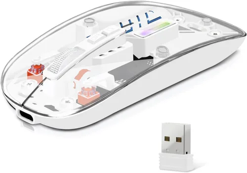 Vista 9 de Ratón inalámbrico, mouse de computadora con conectividad de modo dual (2.4G + BT5.2), mouse óptico con carcasa transparente, batería recargable