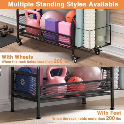 Vista 4 de 56'' Taller Home Gym Storage Organizer, Red Modern Alloy Steel Workout Equipment Storage Rack with Wheels and Hooks