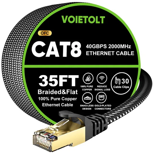 Vista 16 de Cable Ethernet Cat 8 de 2 pies plano, cable de Internet trenzado de alta velocidad de 40 Gbps 2000 MHz con RJ45 chapado en oro, cable LAN de red