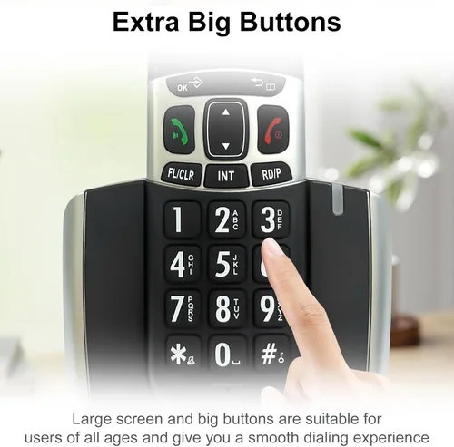 Vista 2 de Teléfono inalámbrico Ornin D1004 para el hogar, tecnología ECO, pantalla LCD ámbar de 1.6 pulgadas, identificador de llamadas, botones grandes
