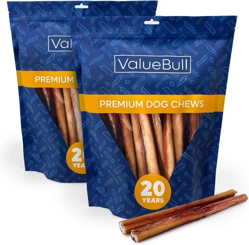 Vista 12 de ValueBull Bully Sticks para perros, medianos de 12 pulgadas, 100 unidades, totalmente naturales, alimentados con pasto, de un solo ingrediente