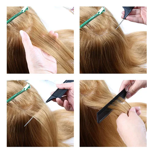 Vista 5 de Fox Baby Peine para peinar el cabello, 4 peines de metal negro, resaltado, estilo profesional, para estilista en casa, peluquero, tejido, teñido