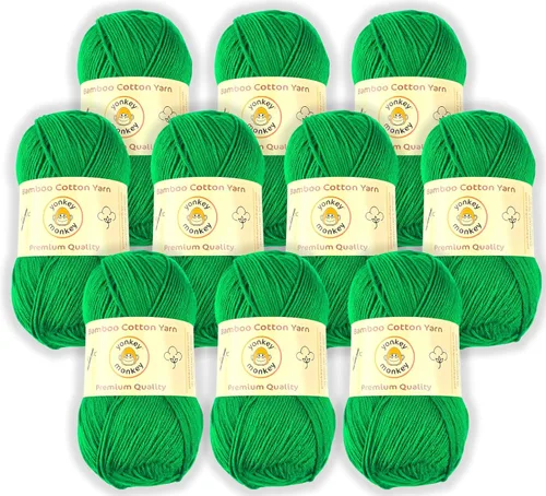 Vista 39 de Paquete de 10 unidades de hilo de 500 gramos de Yonkey Monkey - 70 % rayón derivado del bambú, 30 % algodón - Importado - Verde militar 9059