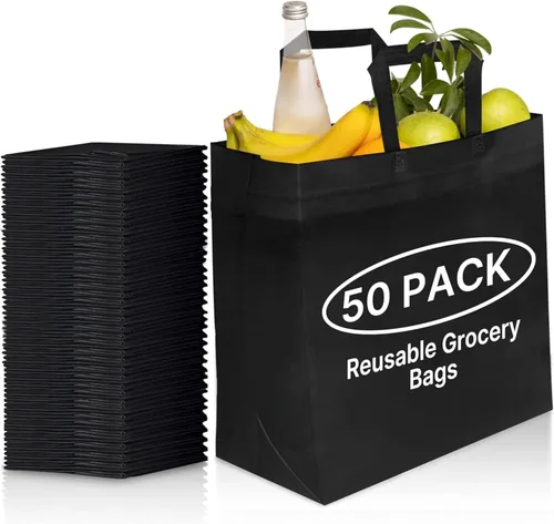 Vista 13 de Paquete de 200 bolsas de compras negras reutilizables ecológicas de 14.5 x 14 x 6.6 pulgadas, bolsas de compras duraderas, reciclables, lavables