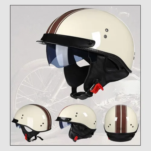 Vista 5 de Casco retro de motocicleta para adultos, hombres y mujeres, aprobado por DOT, estilo alemán, cascos de media cara con gafas desplegables, visera