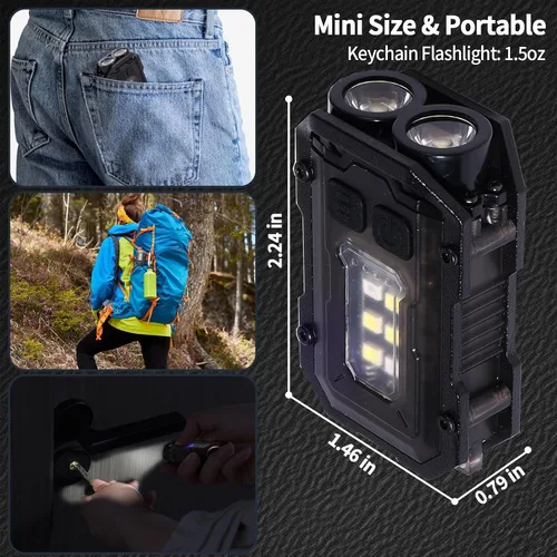 Vista 2 de KunHe Paquete de 4 linternas recargables EDC de 280 lúmenes, 8 modos, mini llavero con clip en la linterna USB-C magnética COB luz lateral llavero