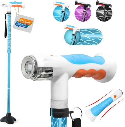 Vista 14 de BigAlex Bastón plegable con dos luces LED para ancianos, base sólida, bastón ajustable con bolsa de transporte para hombres y mujeres Negro