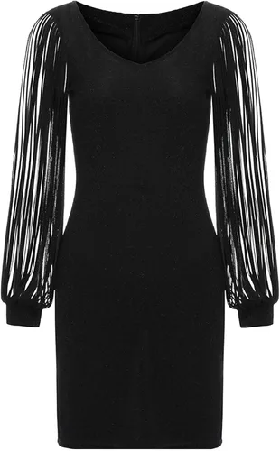 Vista 4 de MEOILCE Vestido sexy para invitadas de boda para mujer manga larga cuello en V entallado para cadera cóctel fiesta vestido midi