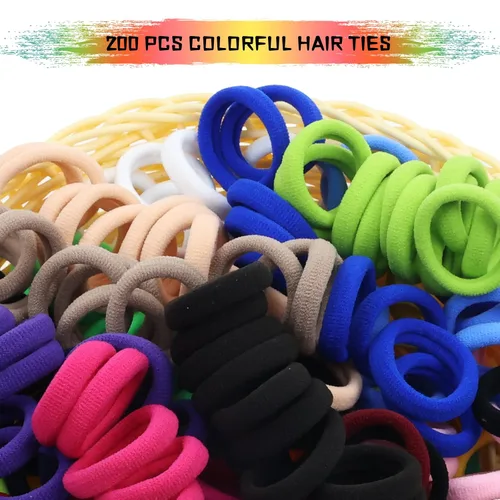 Vista 4 de Lawie Paquete de 200 bandas elásticas de tela de rizo de tejido grueso y colorido para coleta de cabello fino y rizado