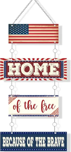 Vista 7 de Hotop Letrero patriótico para puerta del 4 de julio, corona patriótica para puerta delantera, decoración de pared de metal rojo, blanco y azul, 250