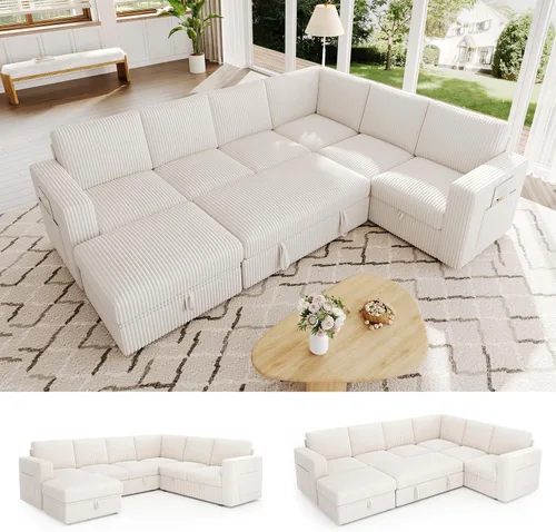 Vista 13 de Sofá modular de 85 pulgadas con cama extraíble, sofá modular de 5 asientos en forma de L con almacenamiento, sofás seccionales para sala de estar