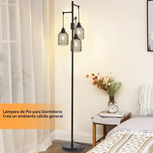 Vista 6 de Lámpara de pie regulable para sala de estar, lámpara de pie de granja con elegante jaula colgante, 3 bombillas LED Edison incluidas, lámpara de pie
