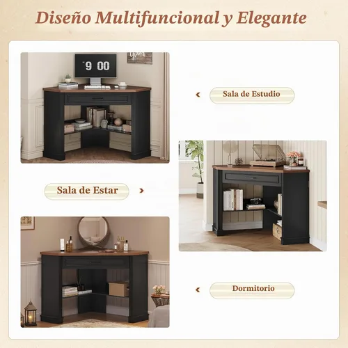 Vista 7 de SEDETA Farmhouse Corner Desk for Small Space, White Small Computer Desk Black and Brown
