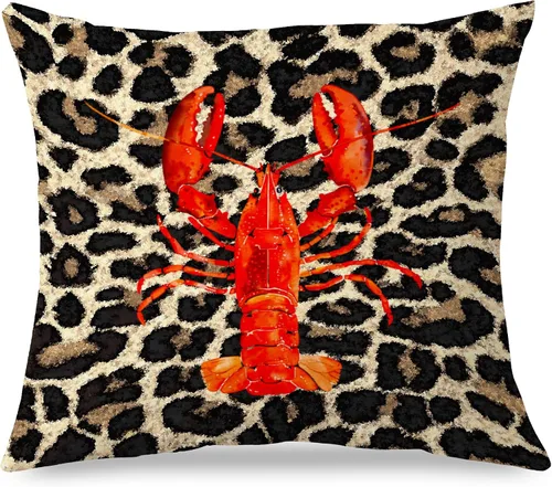 Vista 22 de Fundas de almohada costeras de langosta, fundas de almohada náuticas de langosta roja de Nueva Inglaterra con rayas azules y blancas para casa