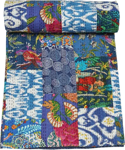 Vista 30 de Marubhumi Colchas hechas a mano tradicional de algodón puro con estampado de cachemira Kantha, funda de cama reversible con estampado de cachemira