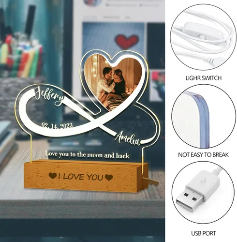 Vista 4 de Placa de acrílico con foto personalizada, regalos para aniversario, San Valentín, cumpleaños, luz nocturna LED personalizable, base de madera