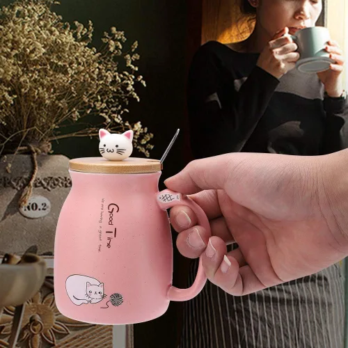 Vista 6 de TOPINCN Taza de cerámica con diseño de gato lindo con cuchara y tapa de madera, taza de té y agua para leche para oficina en casa (12.8 fl oz)