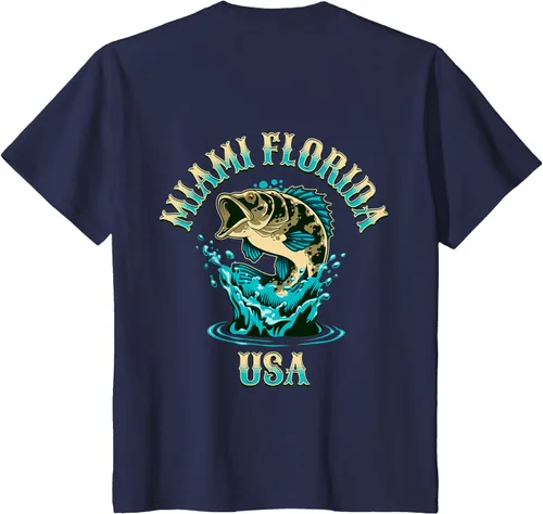 Vista 53 de Camiseta con diseño de pesca en la parte delantera y trasera de Miami Florida USA, Negro