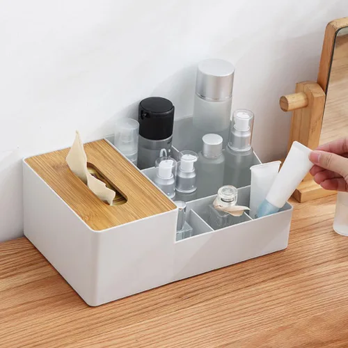 Vista 7 de Soporte para caja de pañuelos de bambú para tableta, organizador de cajas de papel multifuncional, cubierta de caja de pañuelos con almacenamiento