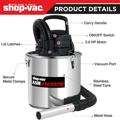 Vista 6 de Shop-Vac 4 Galones 2.0 HP Pico Aspirador de Cenizas, Aspirador de Cenizas de 7.0 Amperios con Filtro HEPA, Manguera y Accesorios para Chimeneas