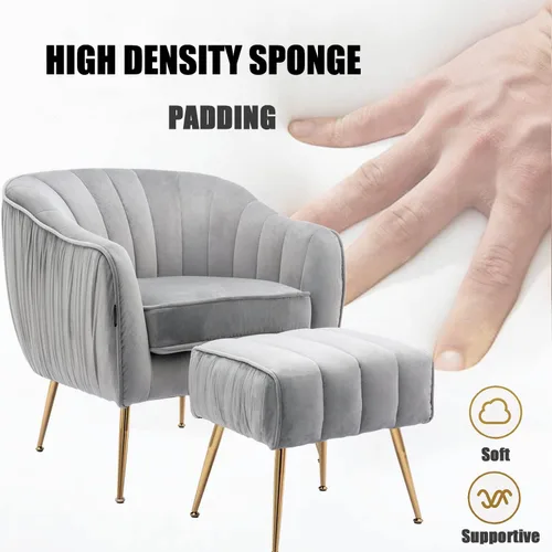 Vista 6 de Silla decorativa de terciopelo con otomana, moderna silla de barril y otomana para sala de estar y dormitorio, acabado dorado, gris