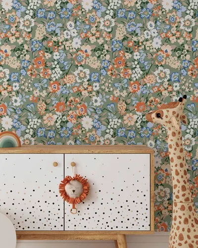 Vista 3 de Papel tapiz floral retro colorido, papel tapiz botánico autoadhesivo extraíble, papel tapiz floral para despegar y pegar